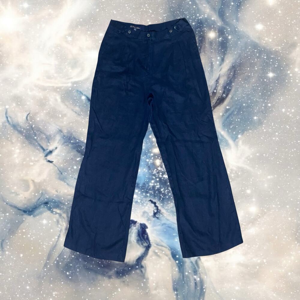 Brooks Brothers Womens 14 Linen Pleated Trousers Navy Blue Wide Leg Pants